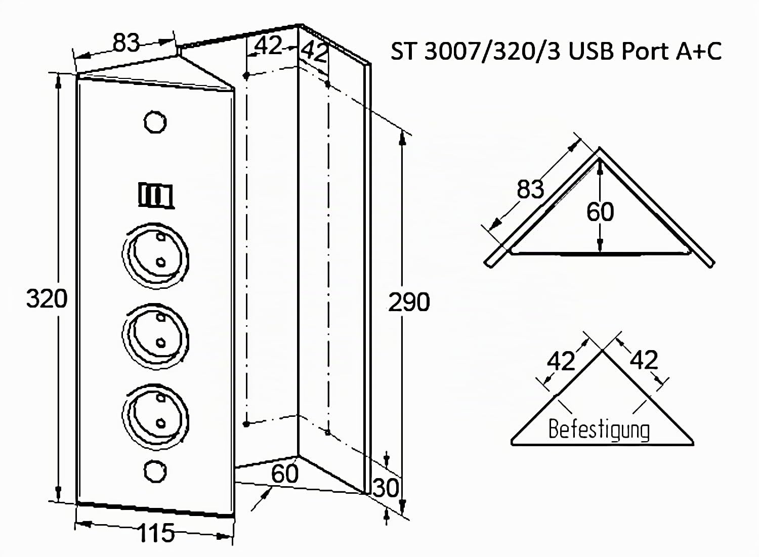 THEBO Energie-Ecksäule ST 3007/320/3 in SCHWARZ mit USB A u. C/Ecksteckdosen/Steckdosenleiste/Steckdosen