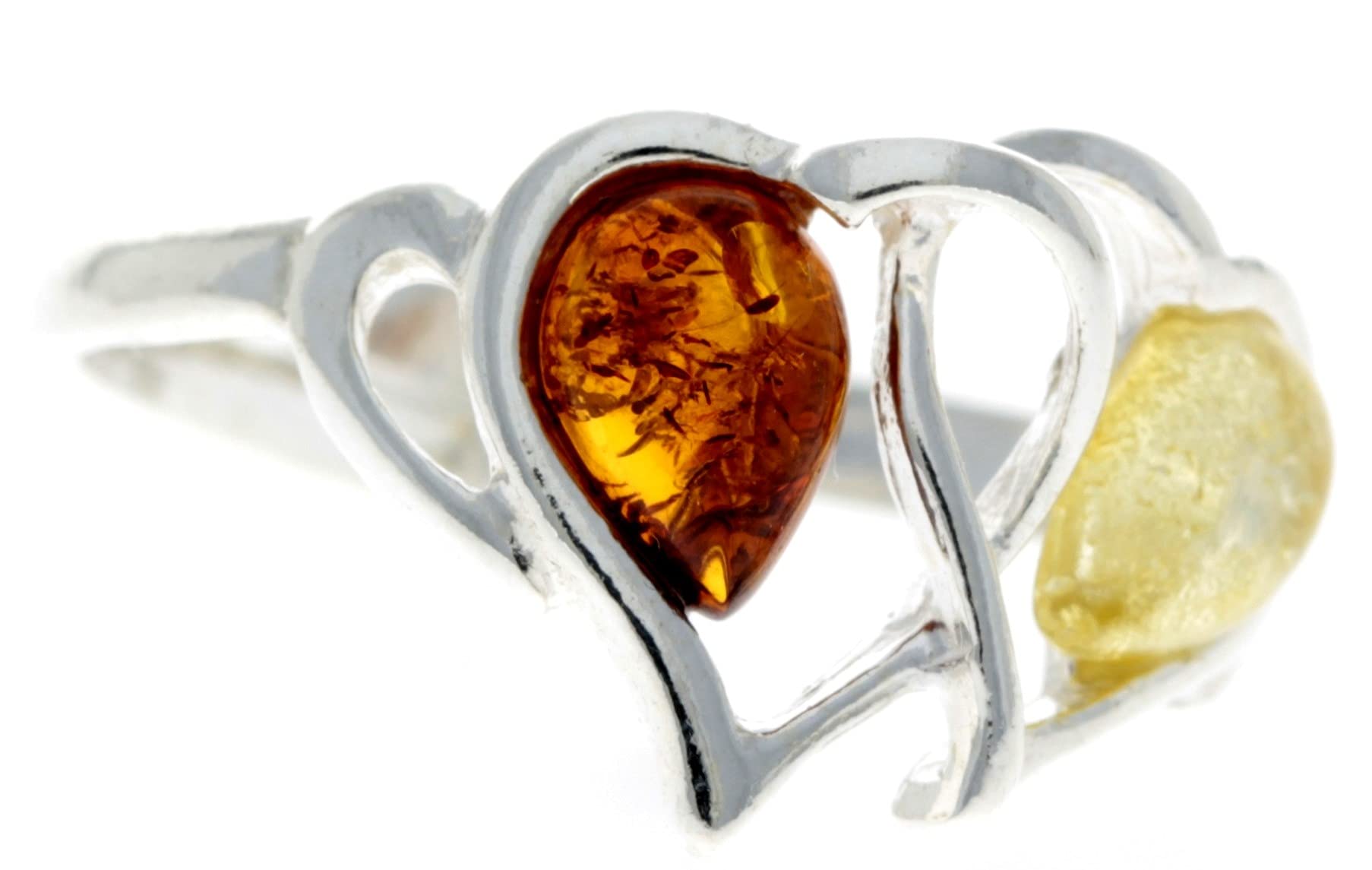 SilverAmber Jewellery Anillo ajustable de plata de ley 925 y ámbar báltico doble corazón – GL713, One-Size, Plata de ley, Ámbar de miel