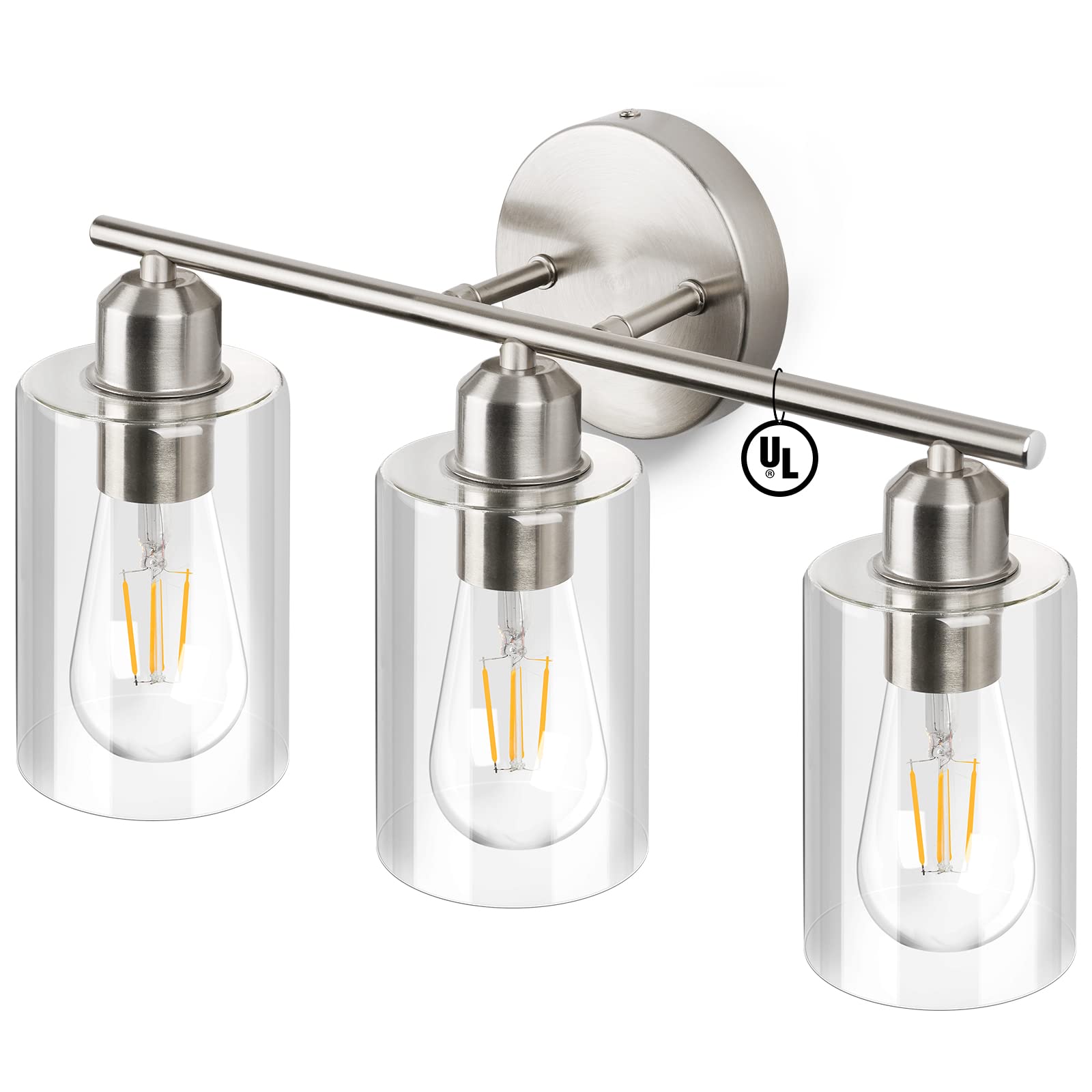 Bathroom Light Fixtures Brushed Nickel 3 Light Bathroom Lights Over Mirror with Clear Glass Shade Brushed Nickel Modern Wall Sconces Vanity Light for Bathroom UL Listed
