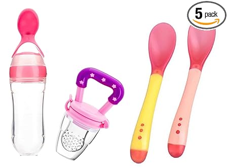 Manan Shopee Silicone Baby Feeding Set,Feeding Kit Needs Items All In One 1-Feeder 2 Color Changing Temper-Sensor Spoon And 1- Food Fruit Nibbler (Combo Pack) (Multicolor5)