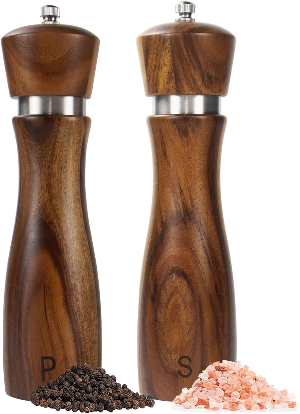 2 Pack 10 Inch Acacia Wooden Salt and Pepper Grinder Set, Manual Salt and Pepper Mills, Salt Grinder Refillable with Adjustable Coarseness, Ceramic/Stainless Steel Core Tableware Gifts
