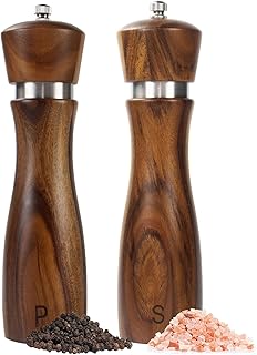 2 Pack Wood Salt and Pepper Grinder Set, Acacia Wood Salt and Pepper Grinder Mill Pepper Grinder Ceramic Stainless Steel Core-8 Inch