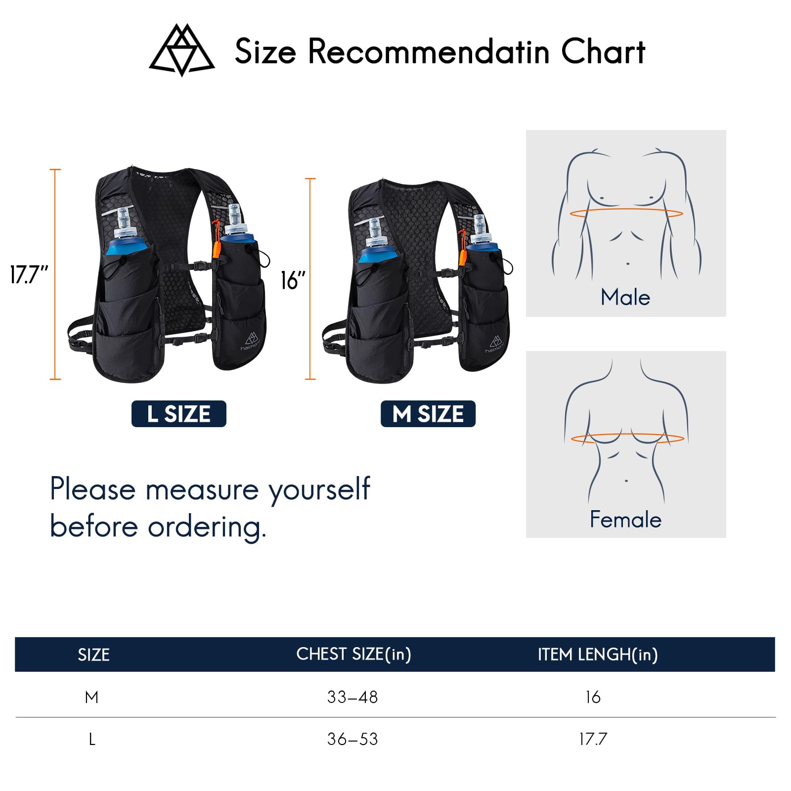 Haimont 5L Trail Running Hydration Vest with Soft Flasks, Black, M