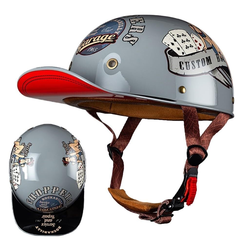 Halbschalenhelm Mit ECE-Zulassung Vintage Motorradhelm Baseball Cap Cruiser Chopper Scooter Helm Herren Retro Motorrad Halbhelm Damen Mofa Helm(9,M(57~58CM))