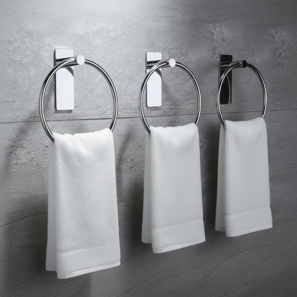 iSTAR Stainless Steel Self Adhesive Round Towel Ring | No Drilling Wall Mounted Bathroom Accessories | Durable Napkin Hand Towel Holder for Kitchen, Wash Basin, Home and Hotels (Pack of 3) iSTAR Stainless Steel Self Adhesive Round Towel Ring | No Drilling Wall Mounted Bathroom Accessories | Durable Napkin Hand Towel Holder for Kitchen, Wash Basin, Home and Hotels (Pack of 3)