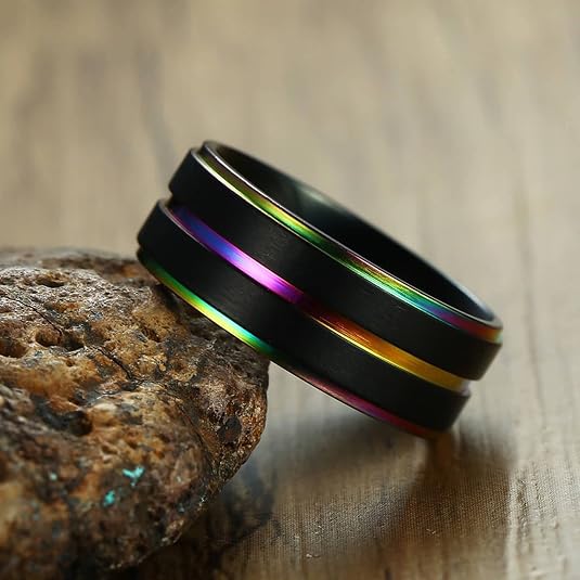 Black Stainless Steel Rainbow Promise Rings For Couples - LGBT Pride Wedding Bands, Cubic Zirconia, Free Engraving - View #6