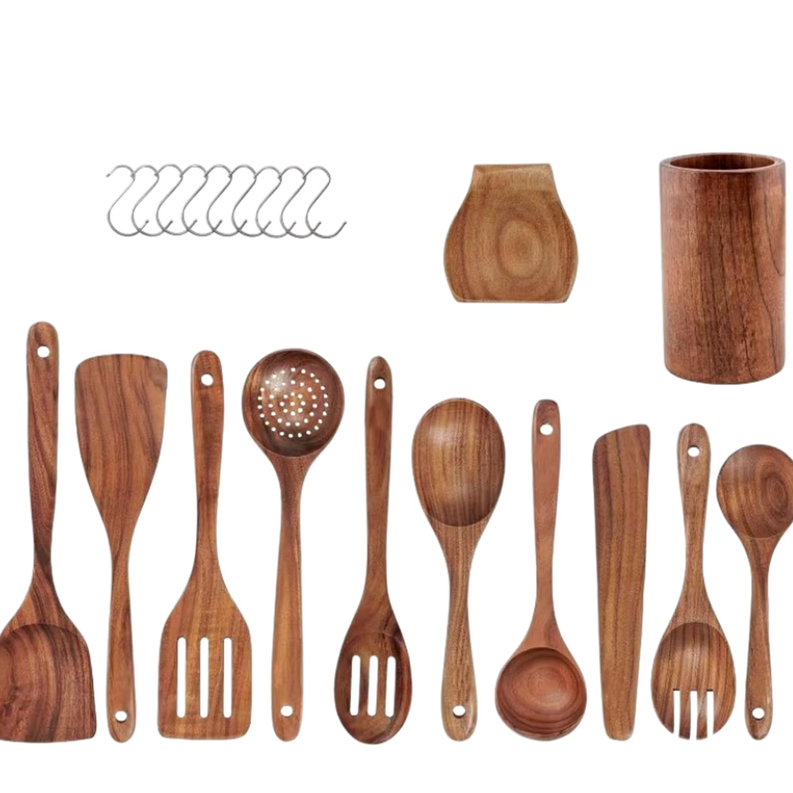 Ensemble d'ustensiles de cuisine en bois de teck naturel : spatule antiadhésive, louche, cuillère à égoutter, cuillères en bois résistantes à la chaleur, grattoir de cuisine.