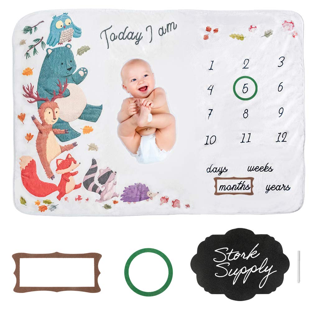 Stork SupplyBaby Milestone Blanket Boy and Girl - Woodland Animals Design for Baby Boys, Baby Girls and Baby Showers - Baby Growth Chart Monthly Blanket 60"x40"