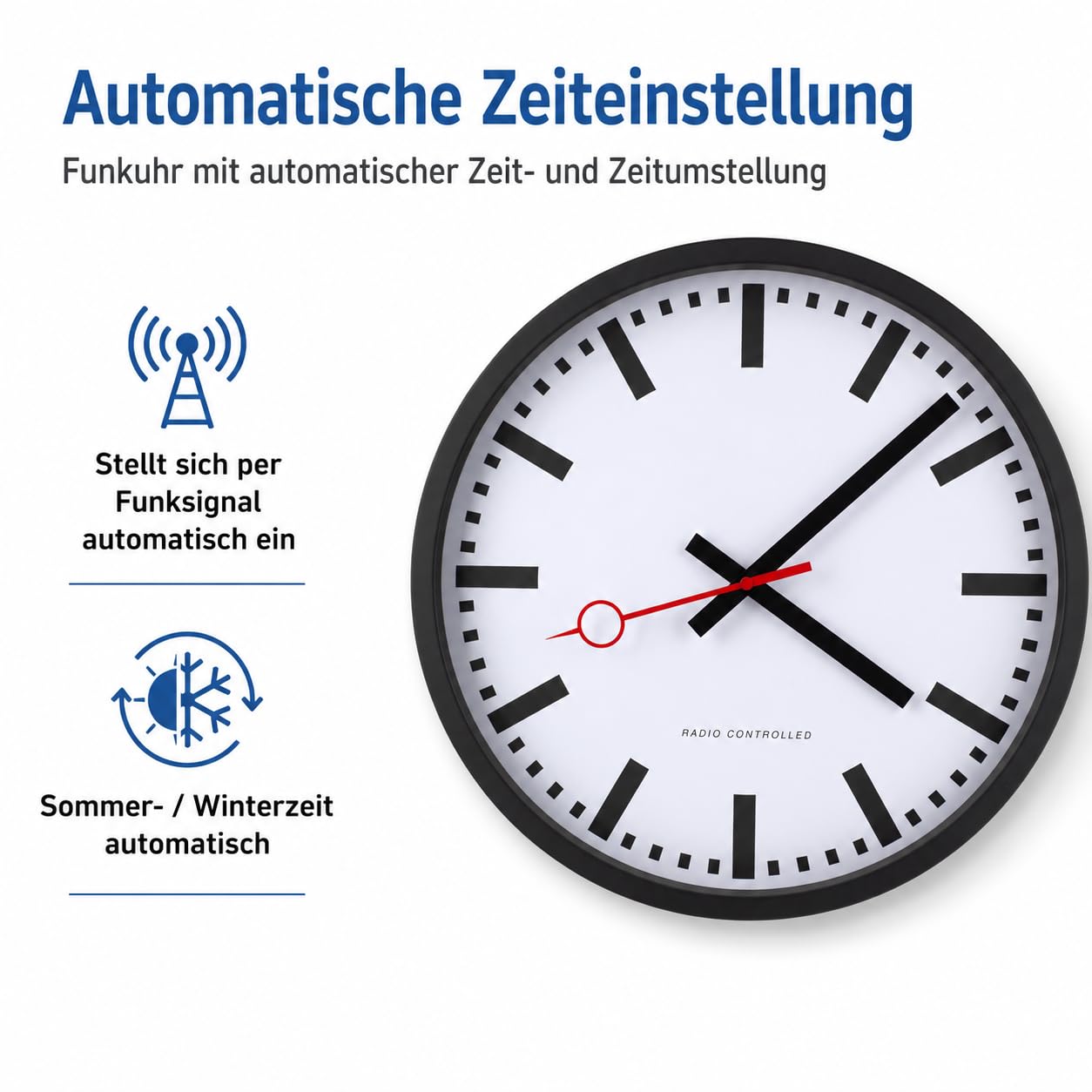 Eurotime Funkwanduhr, 35 cm, im Bahnhofsdesign, geräuscharmes Funkwerk, kein Ticken, Metallrahmen Mattschwarz, automatische Zeitein- und Zeitumstellung, für Wohnbereich oder Büro, 59530-05