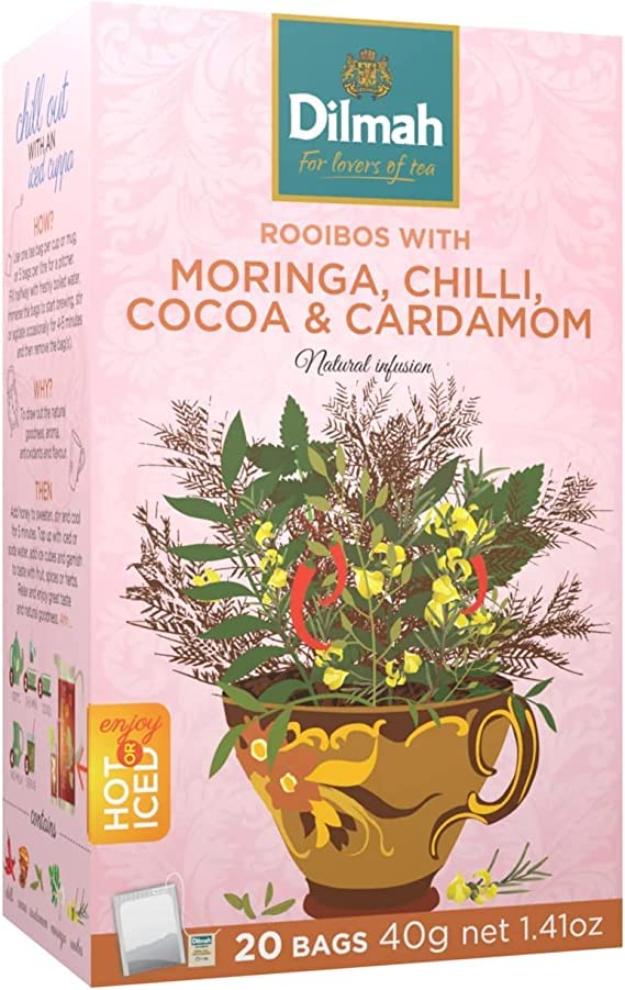 Dilmah Infusión de moringa, chile, cacao y cardamomo de rooibos rojos, 20 bolsitas de té con etiquetas