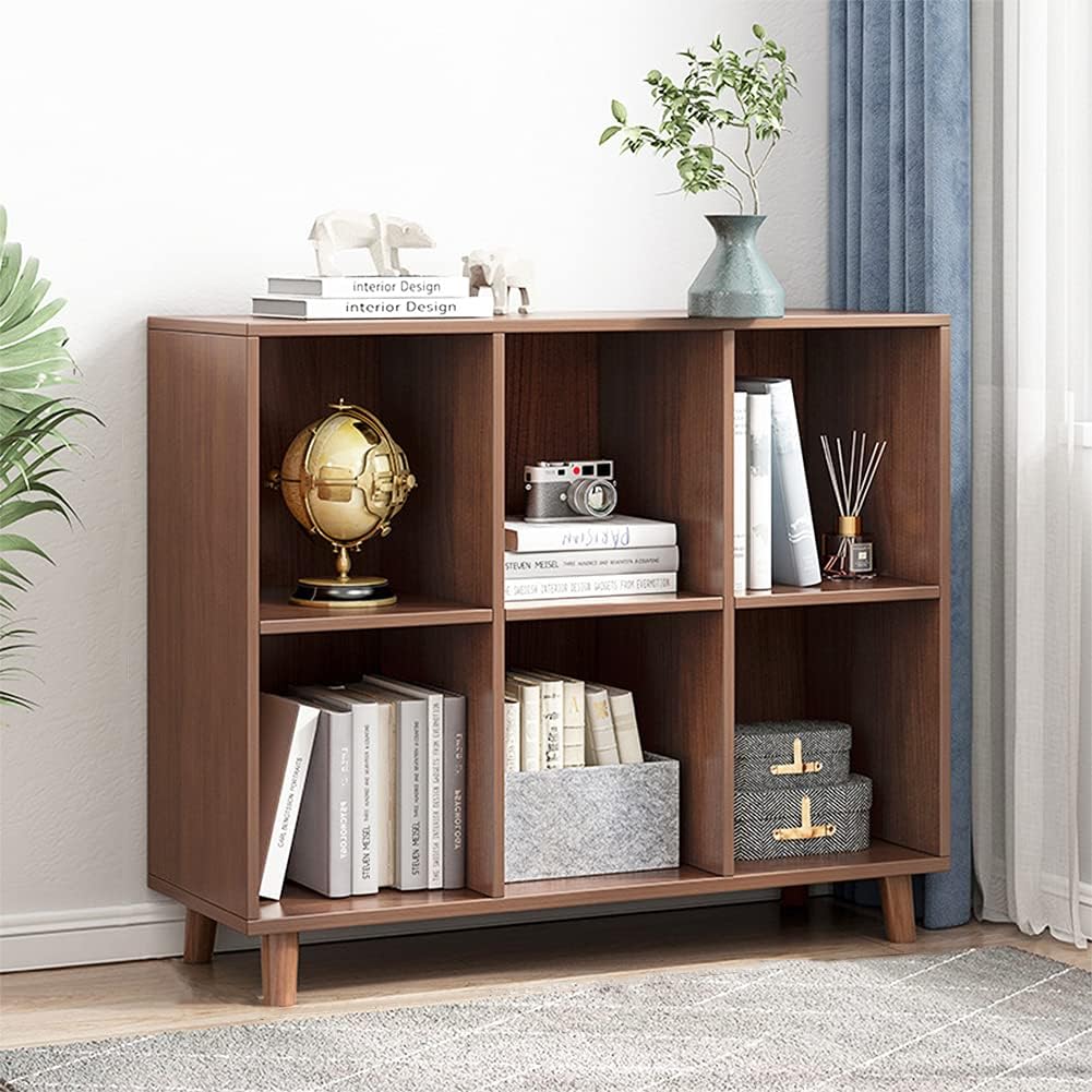 IOTXY Freestanding Open Cubes Bookcase - 2-Tier Floor Standing Wooden Storage Display Cabinet Organizer with Legs for Home Office, 6-Cubes Open Shelf Low Short Bookshelf, Walnut 2-Tier 6-Cubes Walnut