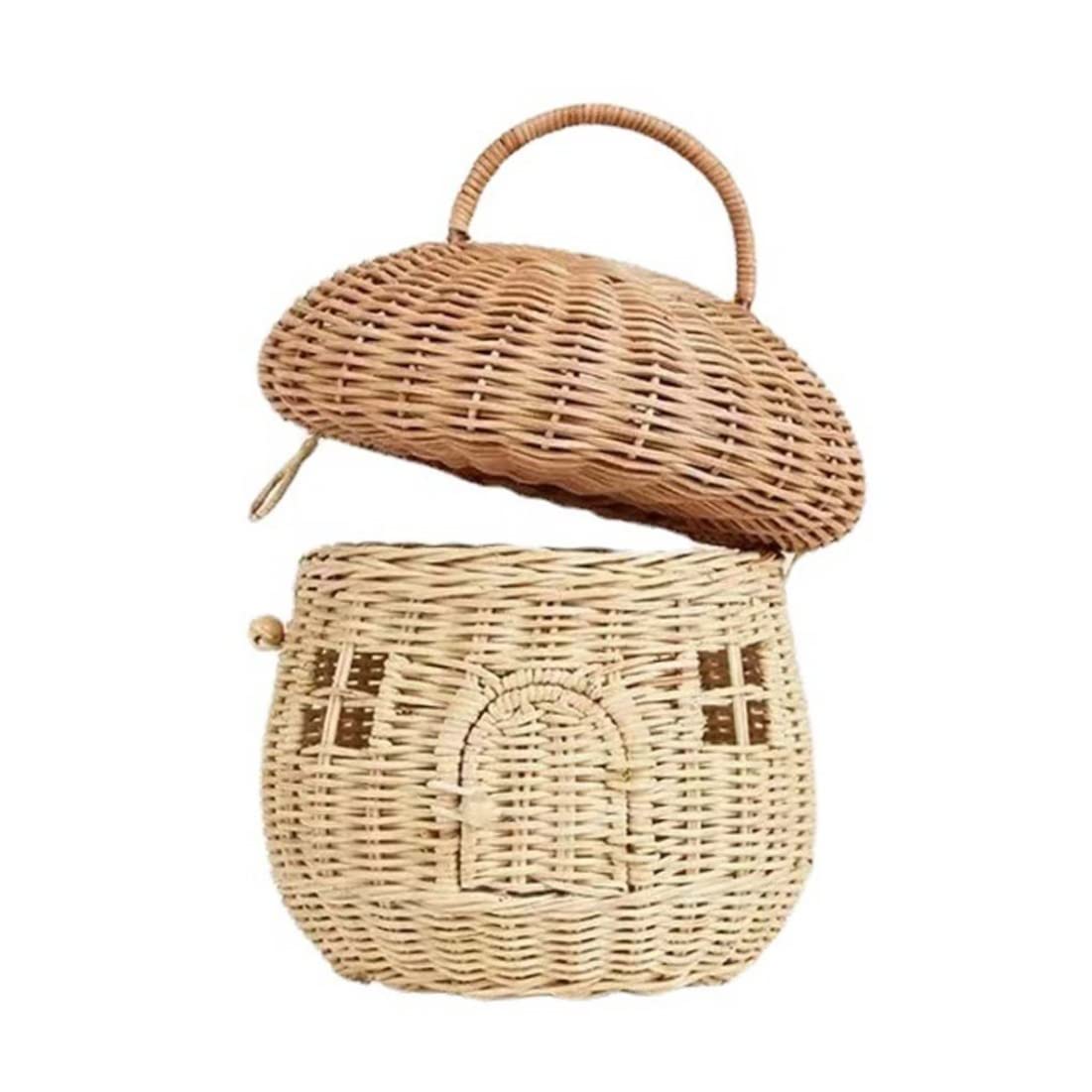 Blogiiup Rattan Storage Basket, Large Capacity Mushrooms Basket, Decorative Mushrooms Basket, Woven Basket with Lid and Handle, Woven Wicker Storage Basket for Shelf Organizer