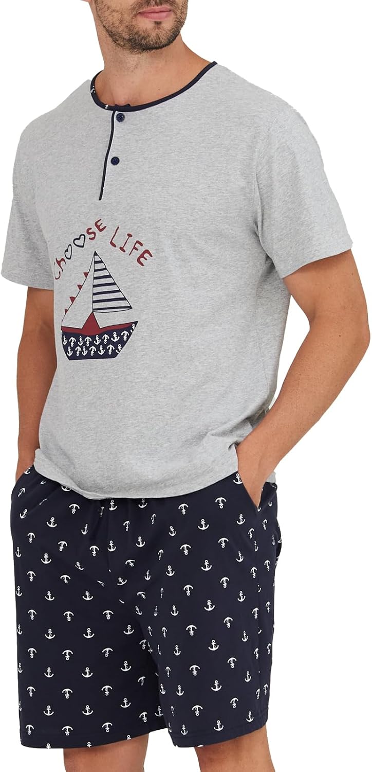 Keyocean Mens Henley Pajama Set, Soft Cotton Short-Sleeve T-Shirt & Shorts Summer PJ Set for Sleeping - Image 4