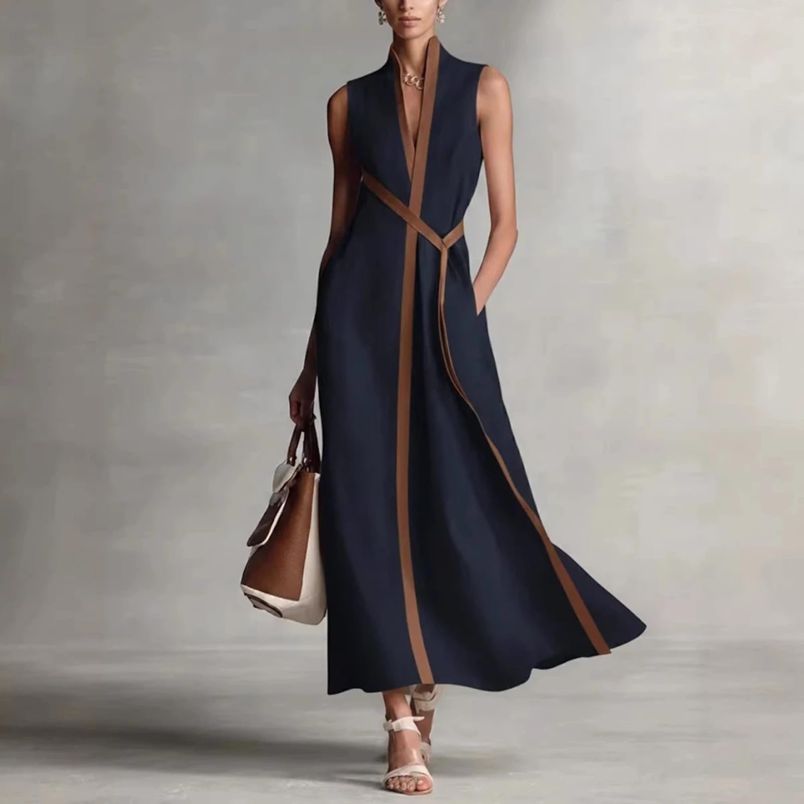 Primavera y Verano V Cintura sin Mangas y Suelta Temperamento Vestido de Moda para Ropa Femenina