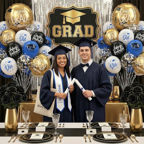 Image of HILAVO Blue and Black Graduation Balloons 2026 Graduation Decoration 18 In Grad Foil Balloon Royal Navy Blue Black White Print Balloon for Class of 2026 Congrats Grad Party Decor College High School