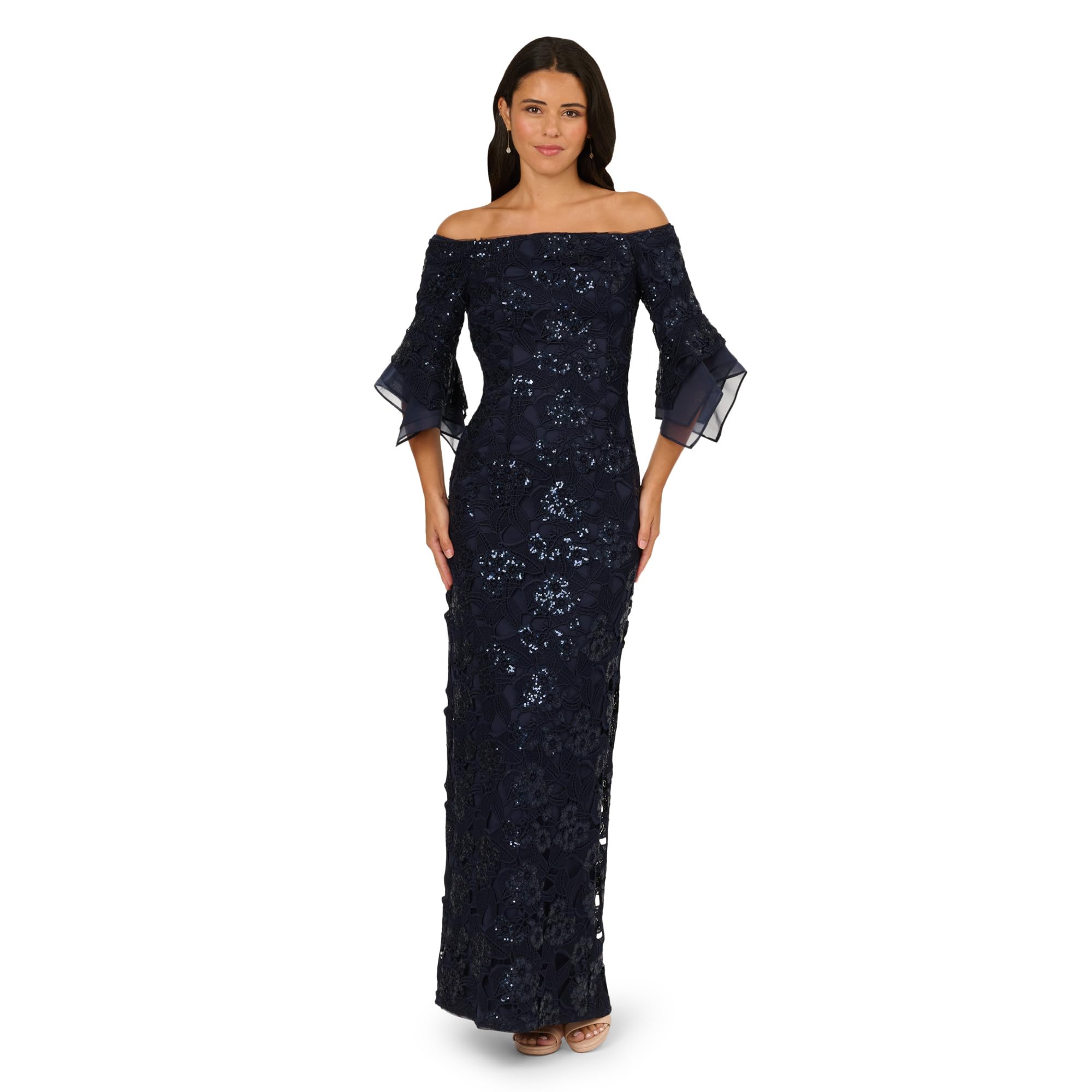 Adrianna Papell Sequin Lace Combo Column Gown Airy Aqua