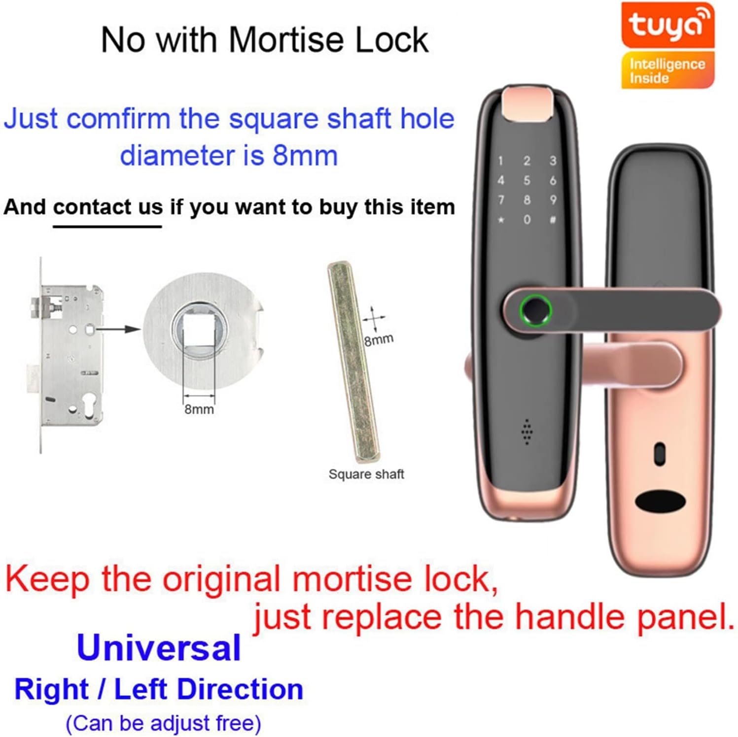 Diagram showing the square shaft diameter of 8mm for replacing only the handle panels, compatible with existing mortise locks.