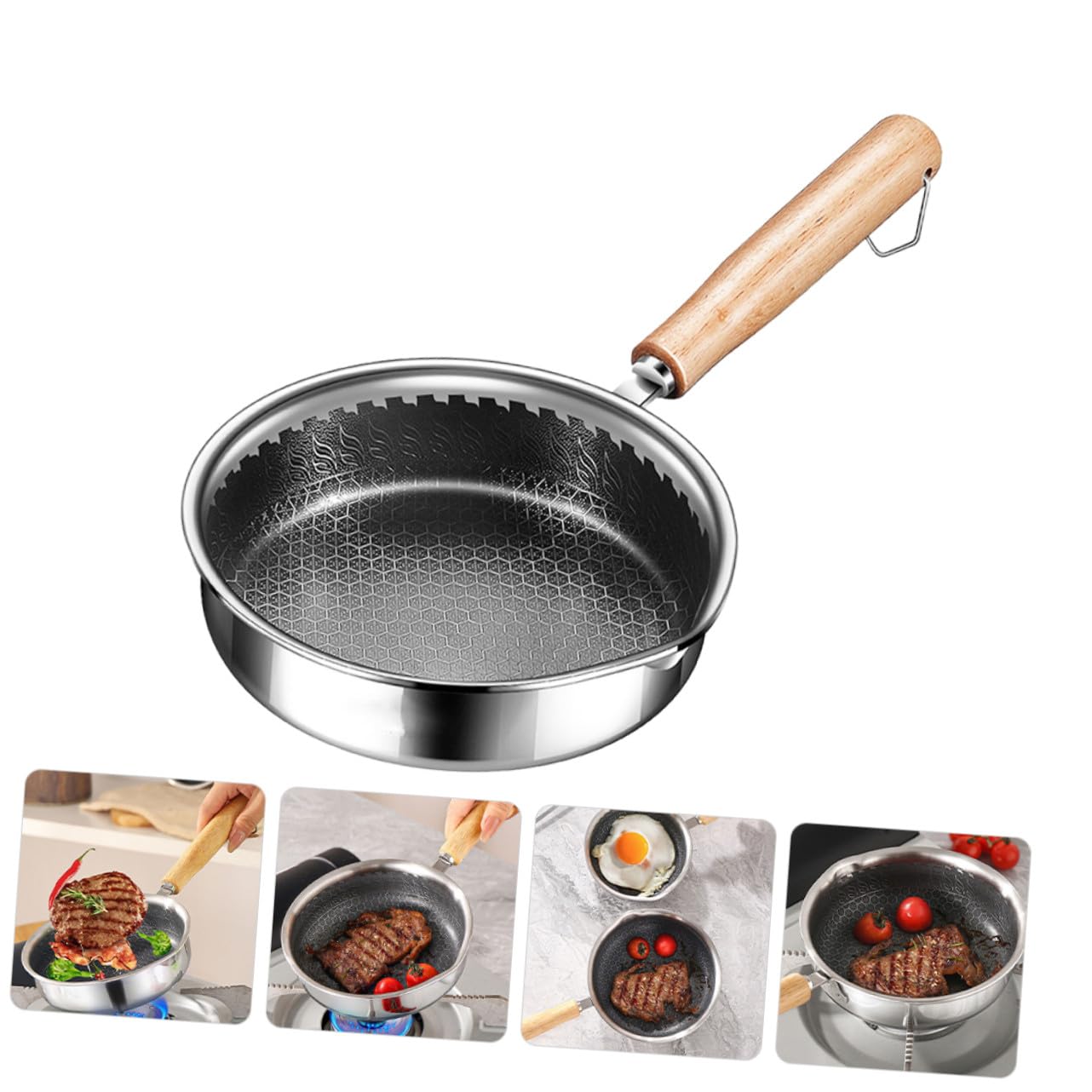 Alipis Edelstahl Bratpfanne 16cm Antihaft Wabenstruktur Induktionsgeeignet für Eier Steak Kompakte Haushaltspfanne