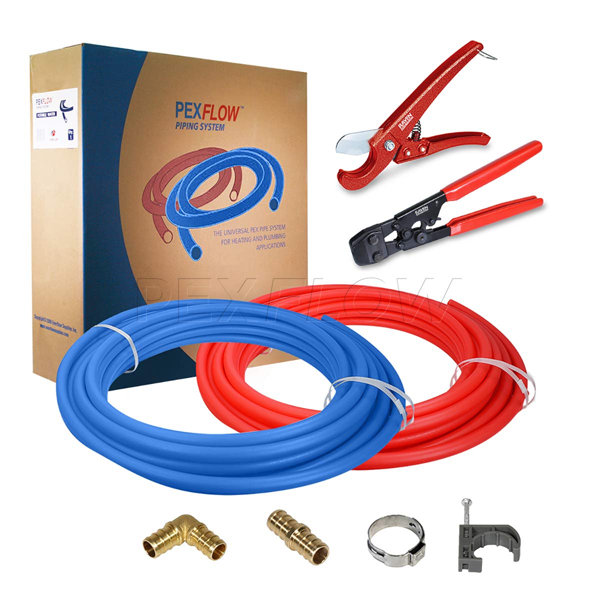 Pexflow PXKT10012 Pex Starter Kit - Crimper & Cutter Tools, 1/2-In Brass Elbow & Coupling Fittings, 1/2-In Stainless Steel Cinch Clamp, 1/2-In Half Clamp, 1/2-In X 100ft PEX Tubing (1 Red + 1 Blue)