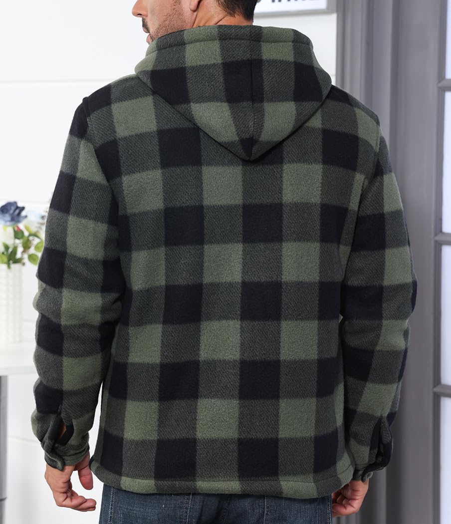 Men’s Thick Flannel Plaid Jacket Heavyweight Zip Up Hoodie Sherpa Fleece Lined Hoodies Warm Winter Coat with Pockets