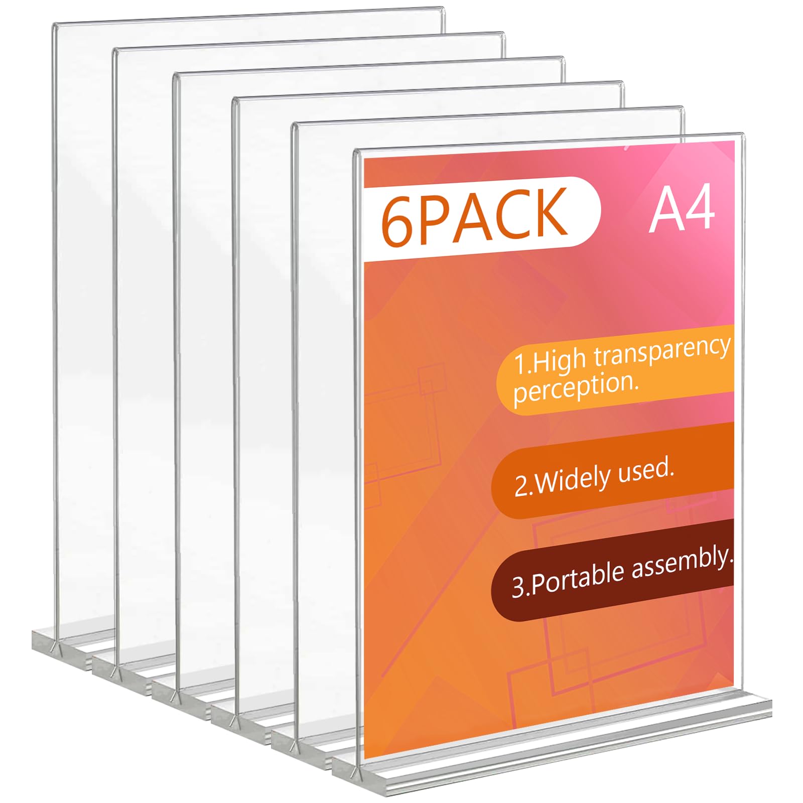 Zefphxs A4 Acrylic Sign Holder, 6 Pcs Clear Double Side Menu Holders, A4 Display Stand Perspex Display Stands for Poster, Restaurant, Office, Exhibition, Store