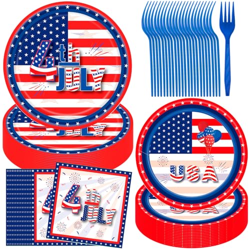 96-Piece Patriotic 4th of July Disposable Tableware Set - Star-Spangled Plates, Forks & Napkins with USA Flag Design for Independence Day BBQ, Pool Parties & Festive Celebrations