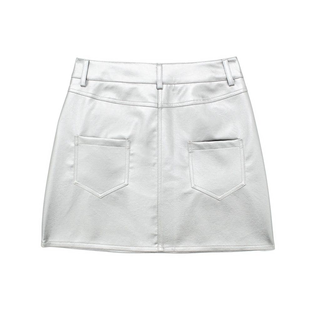 SWEPER Falda Corta De Mujer - Falda De PU De Cuero Plateado A La Moda para Mujer, Minifalda Retro De Cintura Alta con Corte En A para Mujer