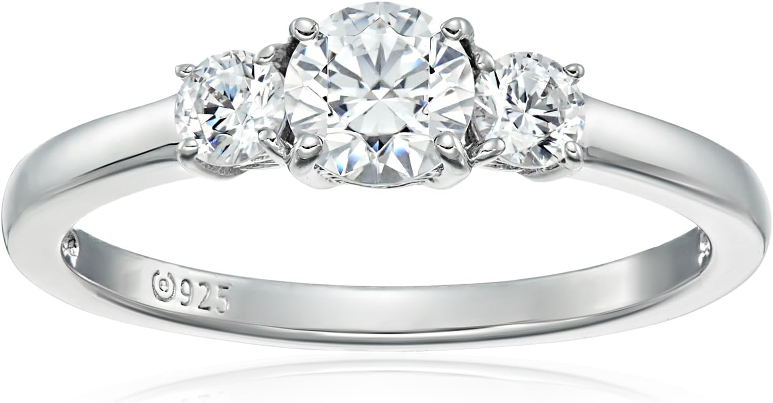 Platinum or Gold Plated Sterling Silver Round 3-Stone Ring made with Infinite Elements Cubic Zirconia (previously Amazon Collection)