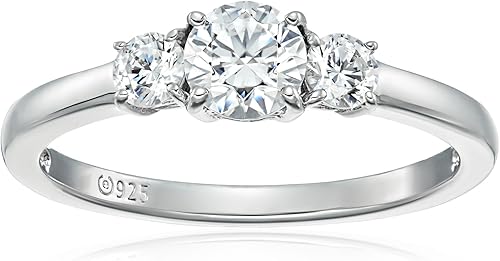 Anillo de aniversario Swarovski de plata de ley, bañado en platino, corte redondeado, tres gemas de circonia, platino-bañado-plata, 9, Platino