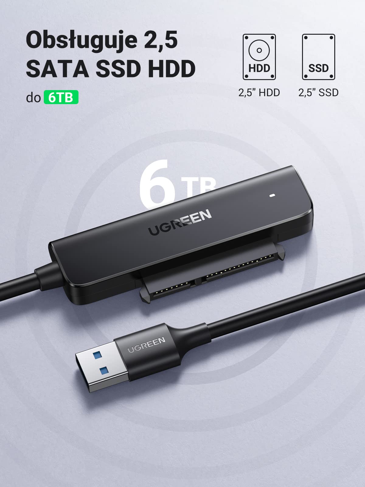 UGREEN USB 3.0 Adapter SATA do 2,5 Calowego Dysku Twardego 5Gbps 6TB Kompatybilny z Windows Mac OS Linux PS4 PS3 Xbox PC, 0.5m