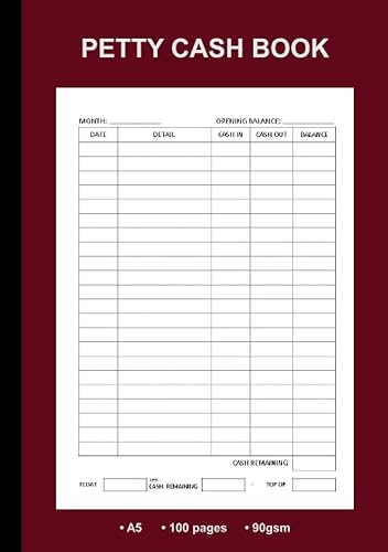 Petty Cash Book A5: Petty Cash Log Book A5, 100 Pages, 90gsm | Petty Cash Flow Record Ledger Book - Red
