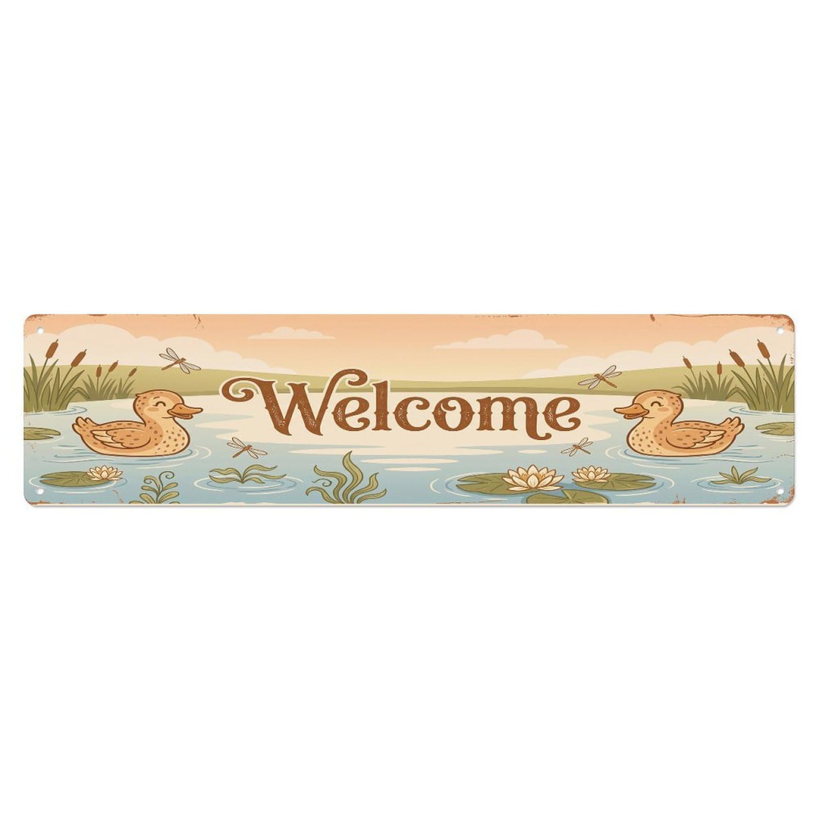 Cxhjca 4X16inch(10X40cm) Vintage Welcome Apricot Trout Duck Metal Tin Sign