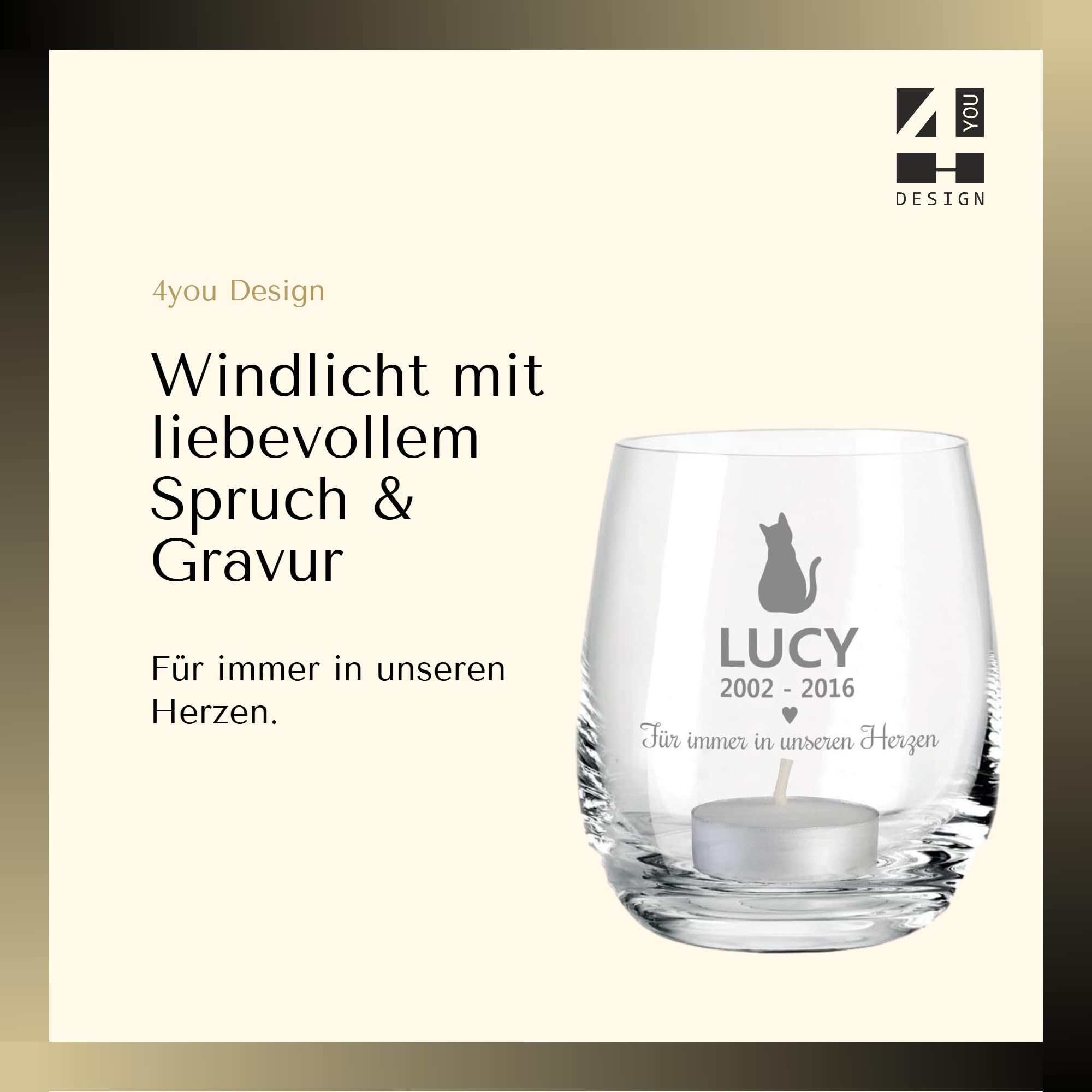 4you Design Trauerlicht Katze personalisiert mit Name & Datum – Trauer Geschenk für Katzenliebhaber – Kerze als Andenken zur Urne – Andenken an den Liebling