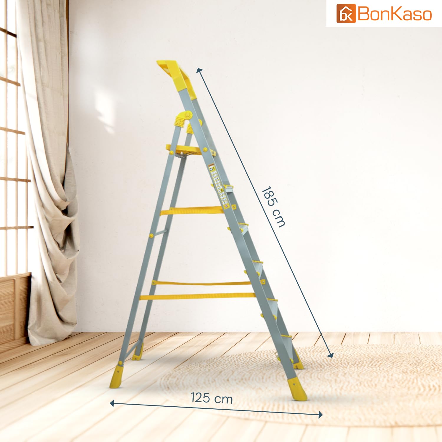 BonKaso Climb Lite Pro+ 6 Step - Foldable Ladder with Tool Tray (125W x 185H Cm)| Heavy-Duty, Anti-Slip & Firm Grip, Load Capacity Upto 120kg | Durable & Portable (Aluminium Steps, Yellow & Satin) — Amazon image 2