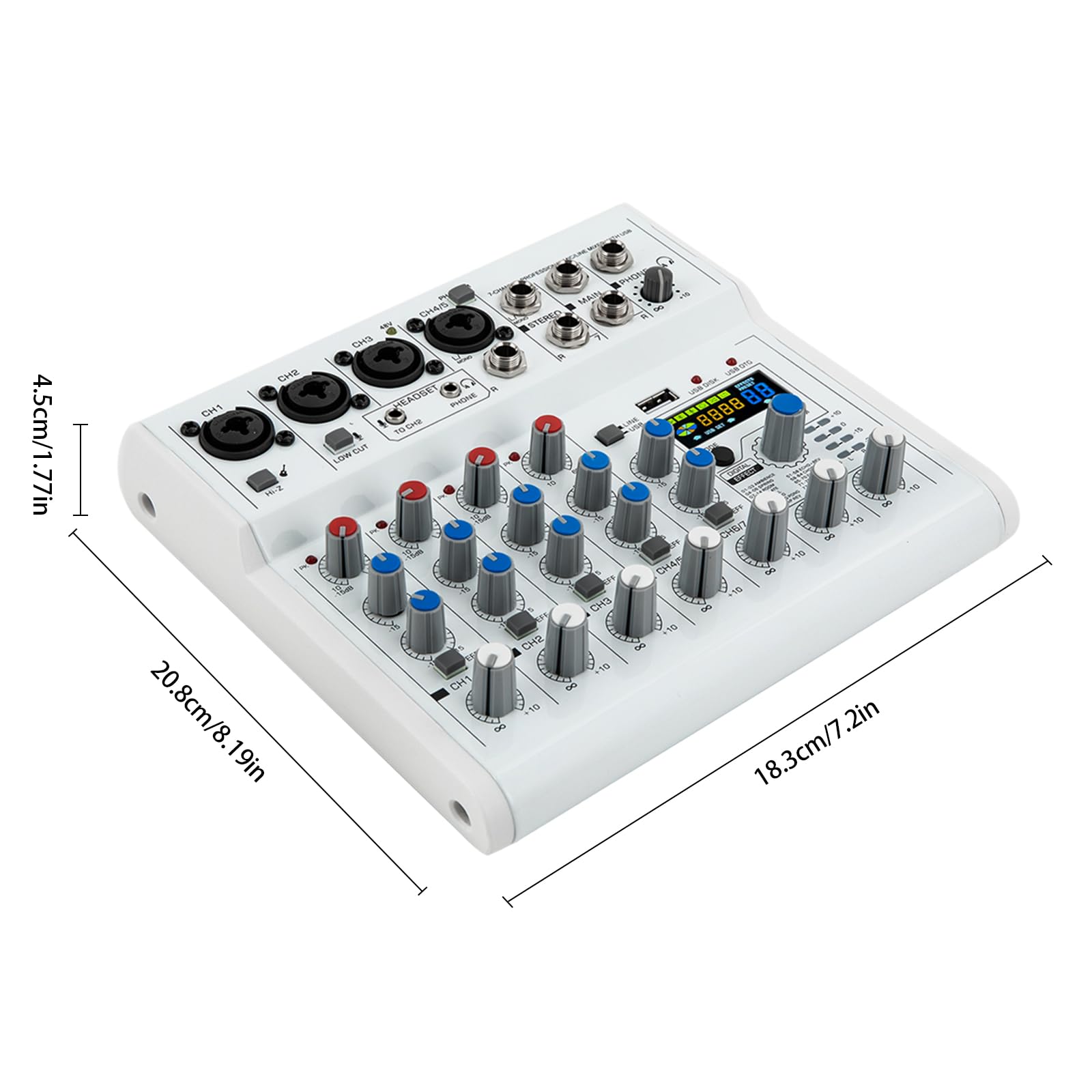 7 Kanal Stereo Live Mischpulte mit 88 digitale Effektprozessor, Professioneller Audio Sound Mixer mit Bluetooth und USB Schnittstelle, 48V Phantomspeisung DJ Stereo Sound Mischpult mit Farbdisplay