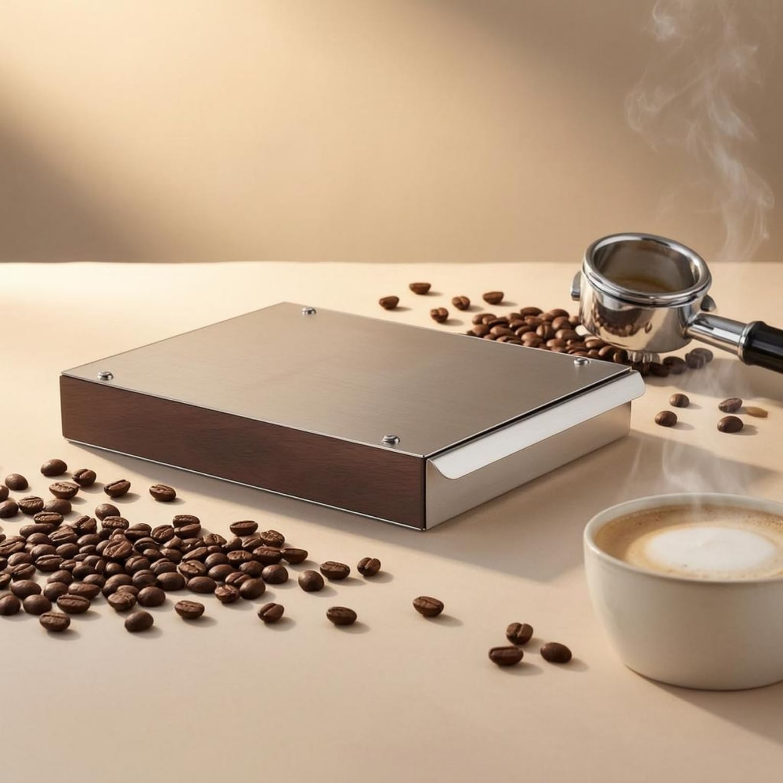MagiDeal Contenedor de Posos de Café Caja de Posos Cajón Depósito Portafiltros Golpeo de Café en Estructura de Madera y Acero Diseño Rectangular Compacto, Nogal + Negro