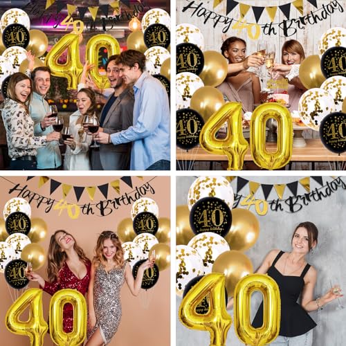 Image of Jobkoo 40th Birthday Decorations for Men, Black Gold 40th Birthday Balloons Black Happy 40th Banner 40th Cake Topper Number 40 Foil Balloon for Women 40 Year Old Party Decor