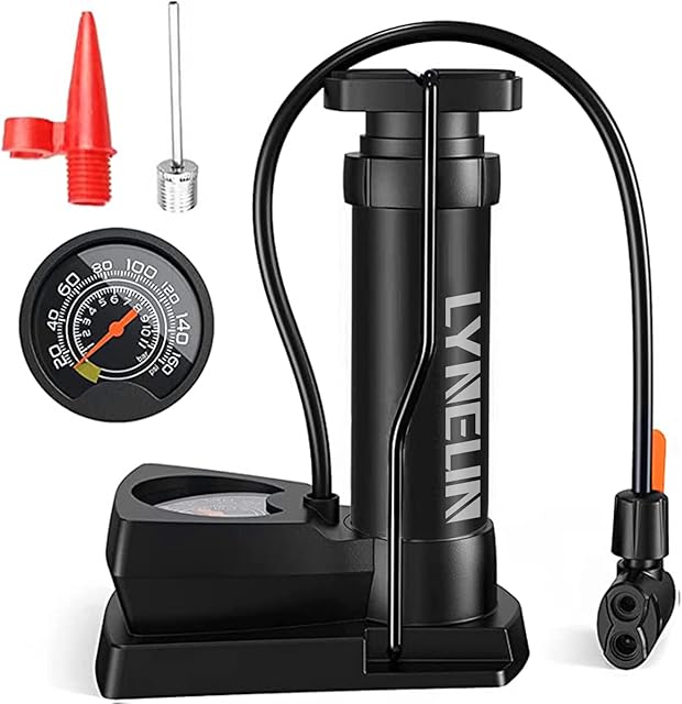 Lyneun Bike Pump, Floor Pumps with Pressure Gauge Tire Lightweight Portable Air Pump 160 PSI Mini Bicycle Pump with Presta & Schrader Valves for Road Mountain Bikes Motorcycle Balls Inflatable Toys