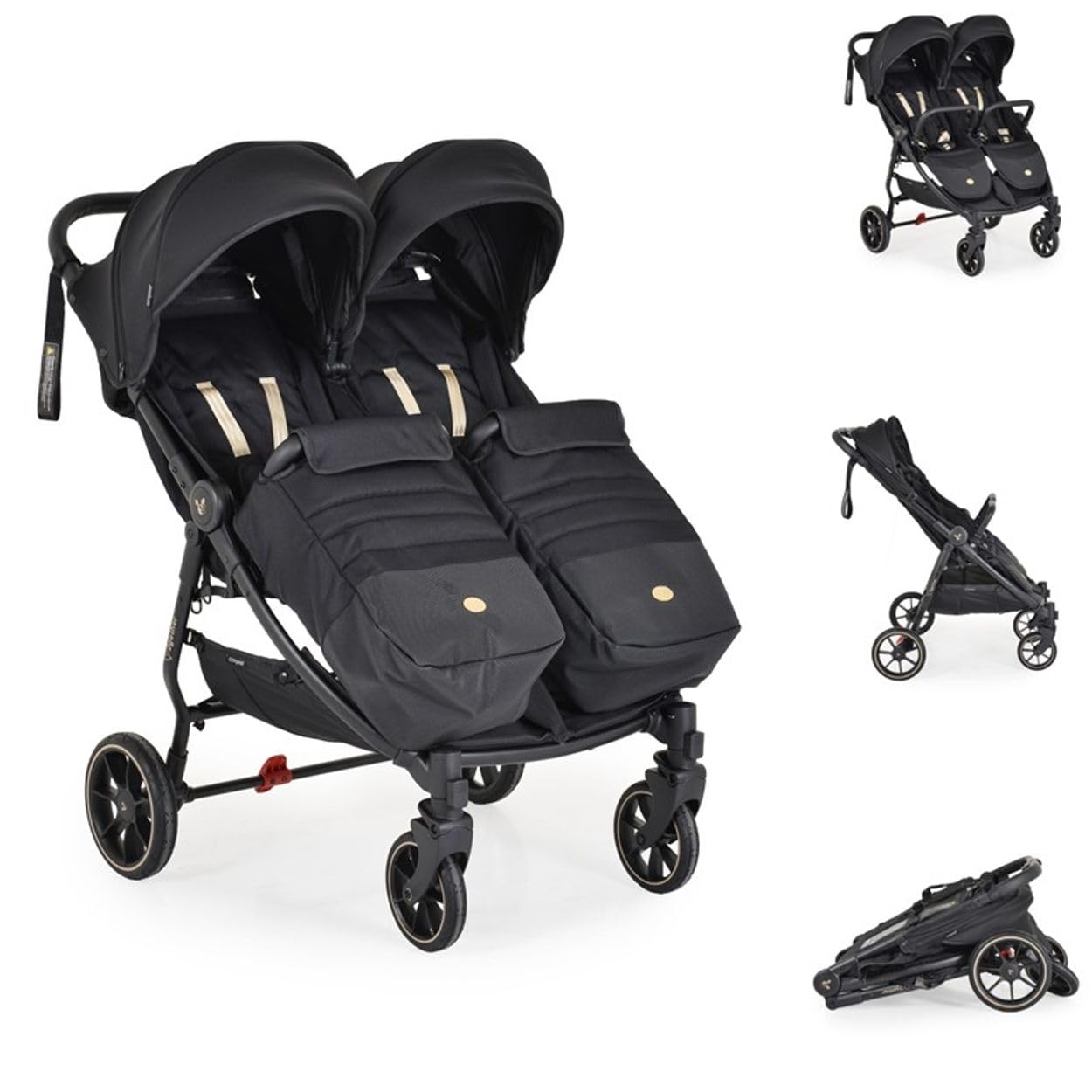 Cangaroo poussette jumelle 2Gether, couvre-pieds, cadre aluminium, pliable, coloris:noires