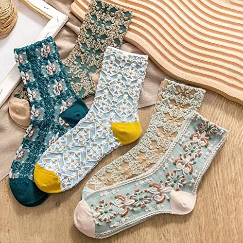 DXYAKY 5 Pairs Womens Floral Cotton Socks Vintage Patterned Crew Socks Novelty Ankle Ruffled Warm Casual Dress Socks2