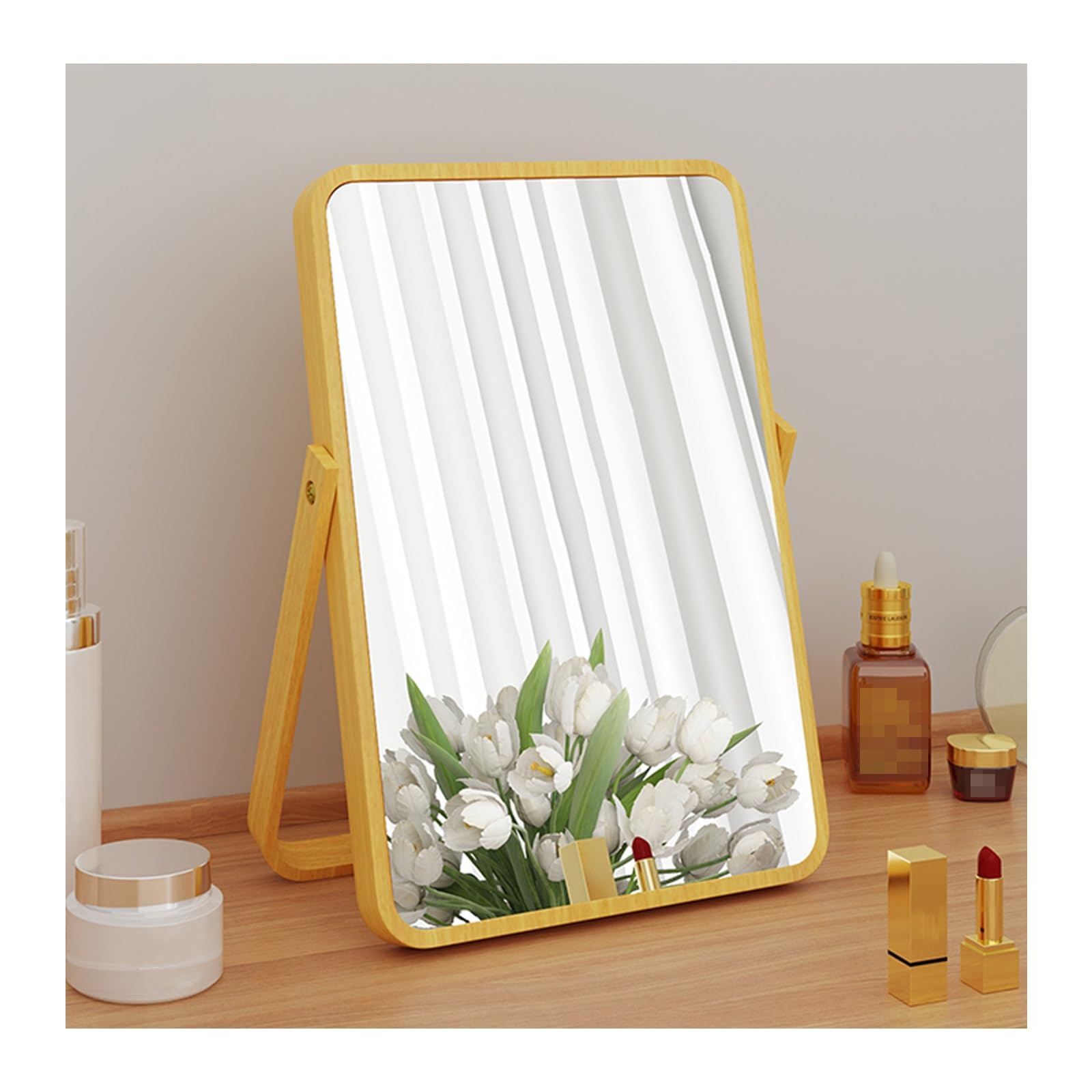 SDCFFC Vanity Makeup Mirror with Natural Stand, Portable Table Desk Countertop Mirror, Wooden Cosmetic Mirror,360°Rotation Vanity Mirror