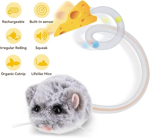 Miniatura 4 de Migipaws MigiMouse - Juguete interactivo para gatos con giro de 360 con cola meneante para gatos de interior, sensor de movimiento inteligente,
