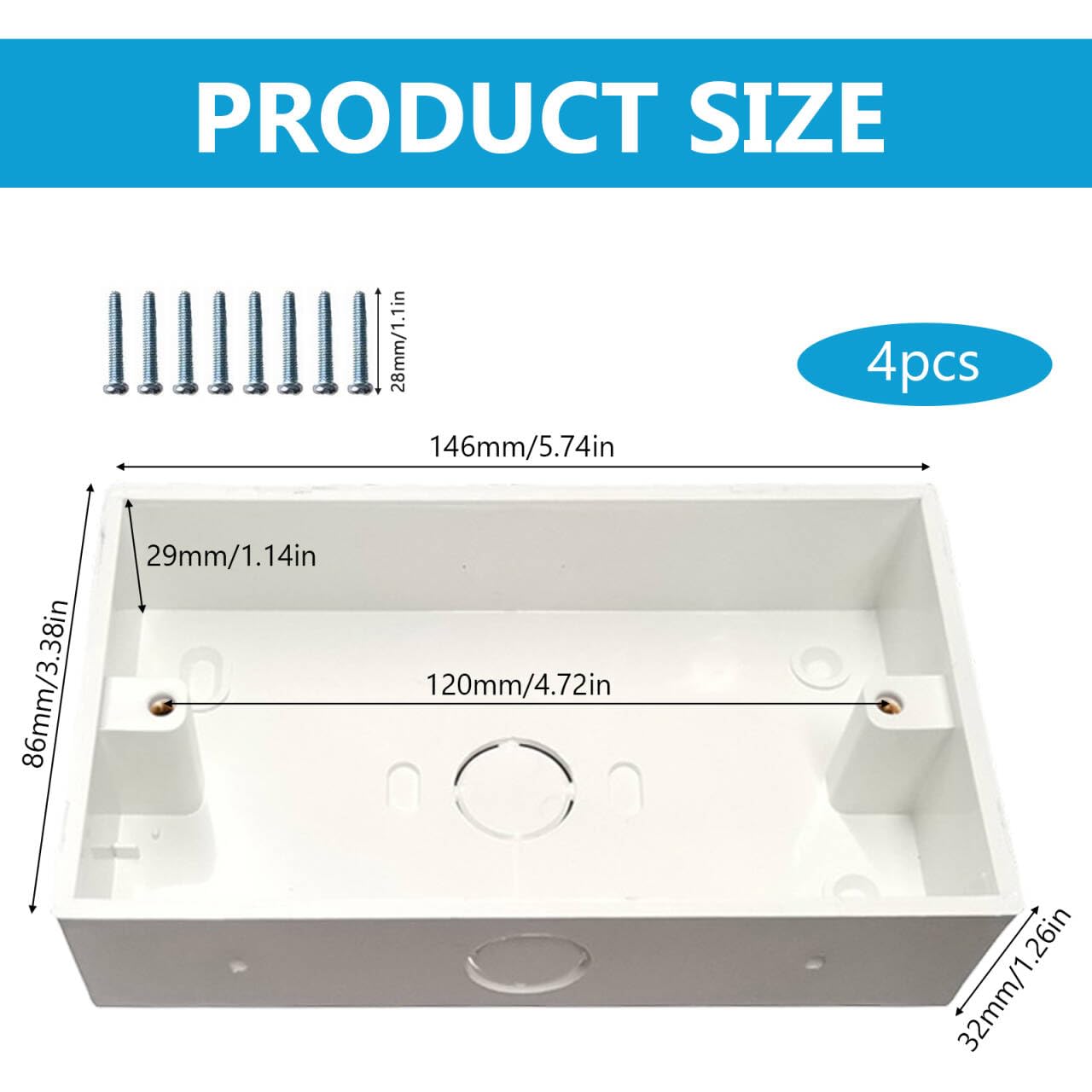 4 Pcs Double Socket Back Box, 2 Gang Surface Mount Pattress Back Box 25 mm Deep Electrical Socket, White - Image 2