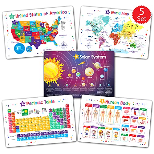 Comparison: Best Placemats For Kids 2 Simply Magic Discovery Set of 5 Educational Placemats for Kids - Kids Placemats Non Slip for Dining Table, Wipeable Reusable Plastic Learning Place Mats: USA, World Map, Periodic Table, Solar System
