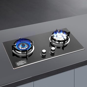 2 Burner Natural Gas Cooktop Stove Top Tempered Glass Double Auto Ignition Camping Burner 2 Burners Cooktop for Home Apartment Indoor