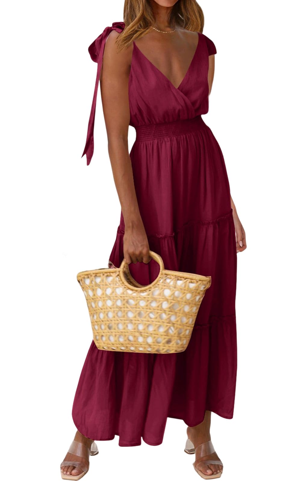Prettygarden Maxi abito da donna con scollo incrociato primaverile, senza maniche, a balze, per la spiaggia con spalline a fiocco e punto smock, abito lungo plissettato, Vino rosso, L