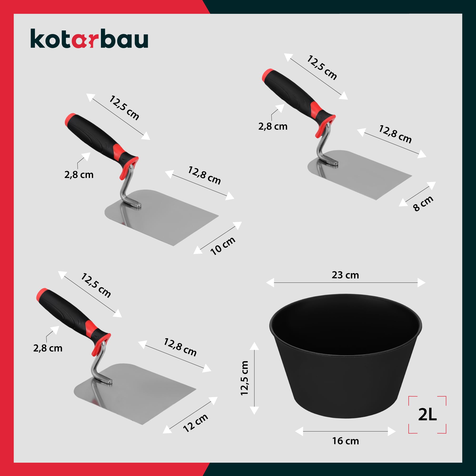 KOTARBAU® Juego de paletas de albañilería de acero inoxidable + vaso de yeso, juego de 8 espátulas, paletas de albañilería, herramientas para enyesar herramientas para profesionales y aficionados al