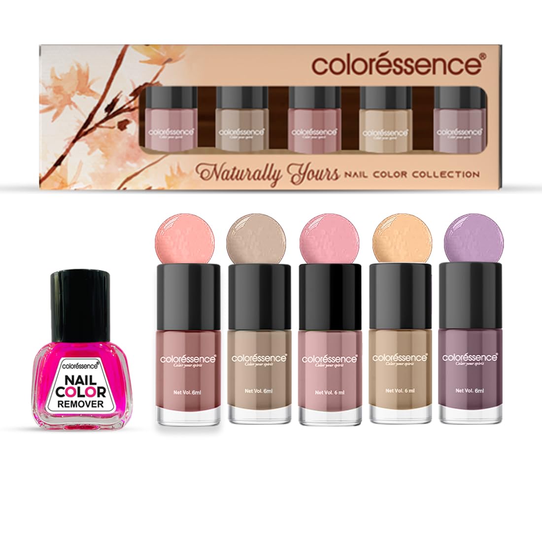 Coloressence Naturally Yours Nail Kit With Pastel & Nude Shades | Free Remover | Chip Resistant and Quick Dry | Set of 5 Paints & 1 Remover