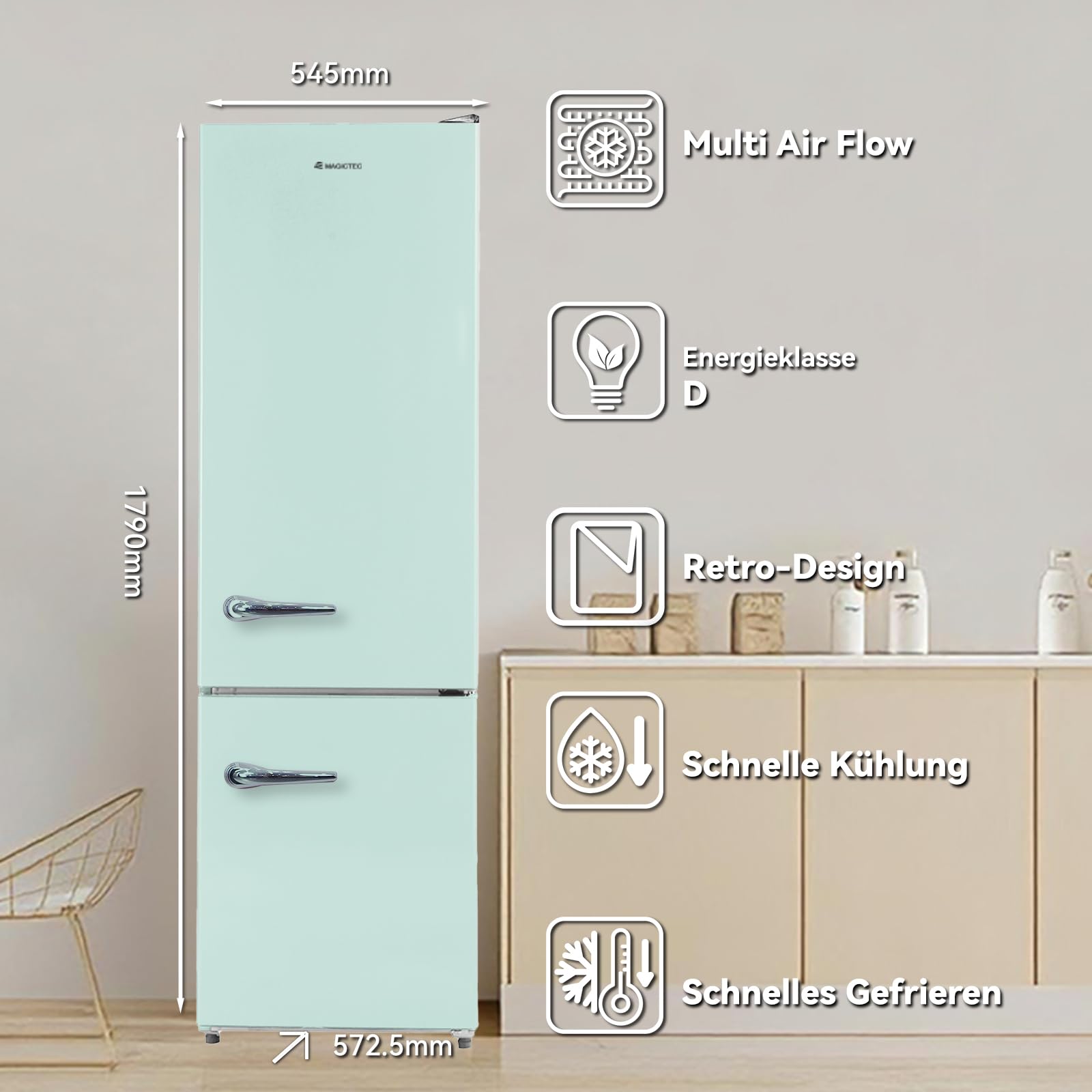 【Premium】 Retro Kühlschrank Mit Gefrierfach Vintage 179cm ,【Total No Frost Plus 】, 236L (168L/68L Gefrierfach ) | Kühl Gefrierkombination Freistehend Retro | Elektronische Steuerung | Matcha-Grün