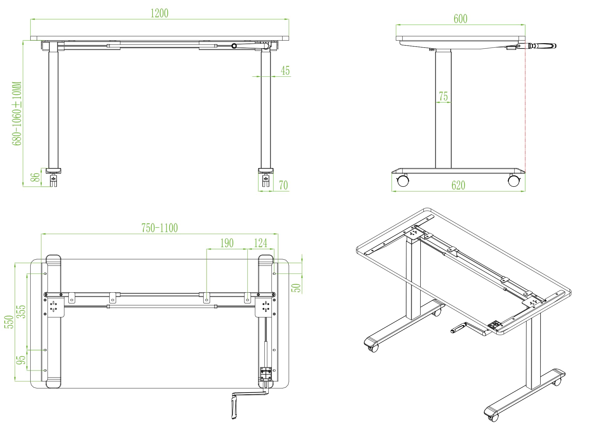 StudyDesk - Kleiner Handkurbel Höhenverstellbarer Schreibtisch - Höhe 60,8-106 cm - Breite 75-110 cm - Mobil - Weiß